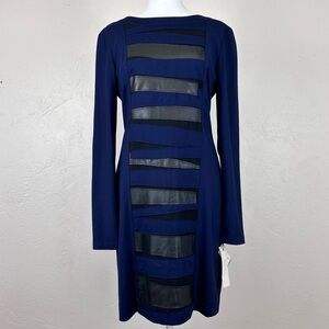 NWT Cluny Navy Longsleeve Backless Dress Lambskin Leather Trim 10 Neiman Marcus